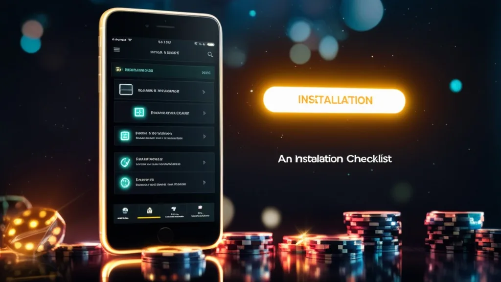 Android phone showing a casino app installation checklist in a dark neon scene
