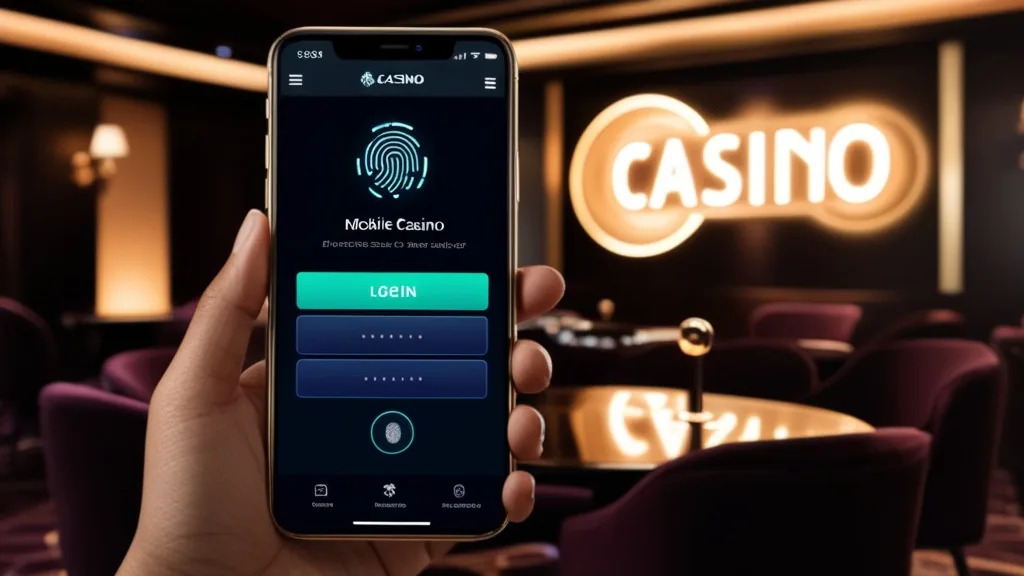 Mobile casino login screen with fingerprint icon and dark neon background