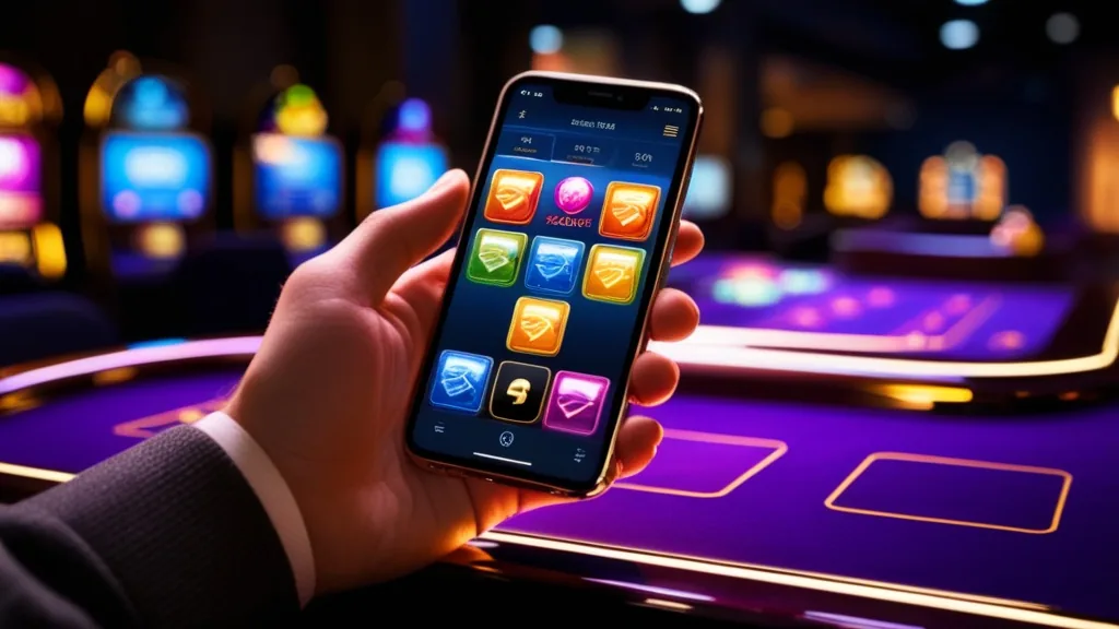 Hand using a smartphone with a smooth casino mobile interface in neon lighting