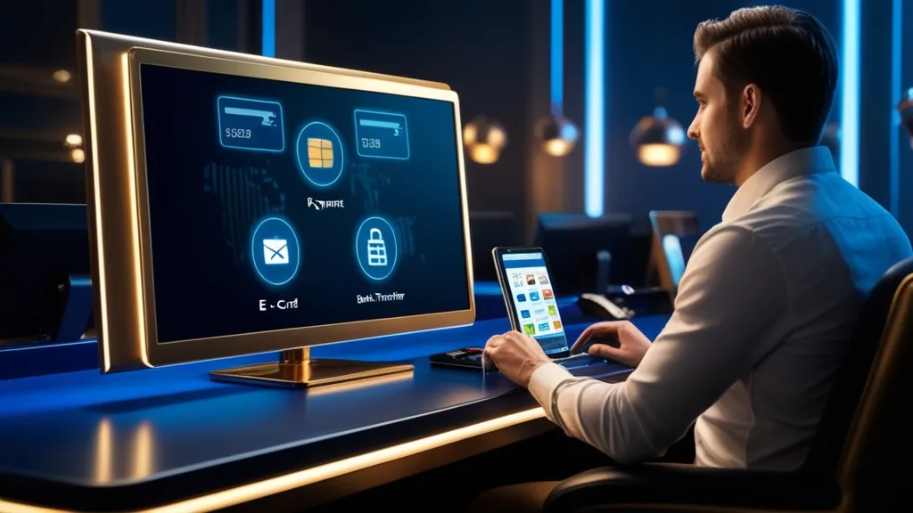 Casino cashier screen showing cards, e-wallets, and bank transfer options