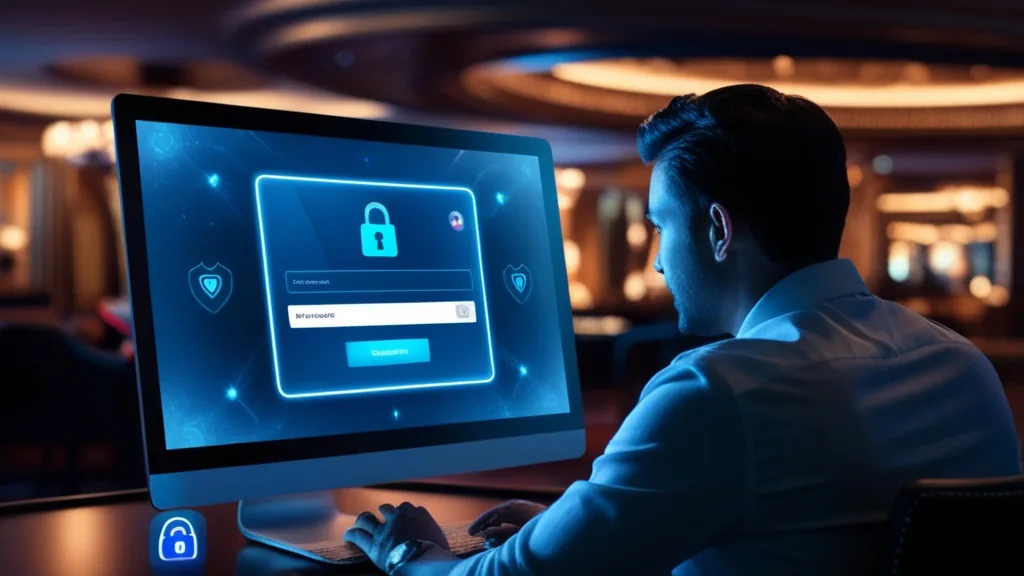 Player signing into a secure casino account on a glowing screen