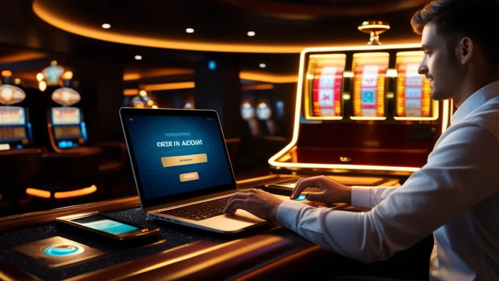 New user registering an account beside a glowing casino-themed screen
