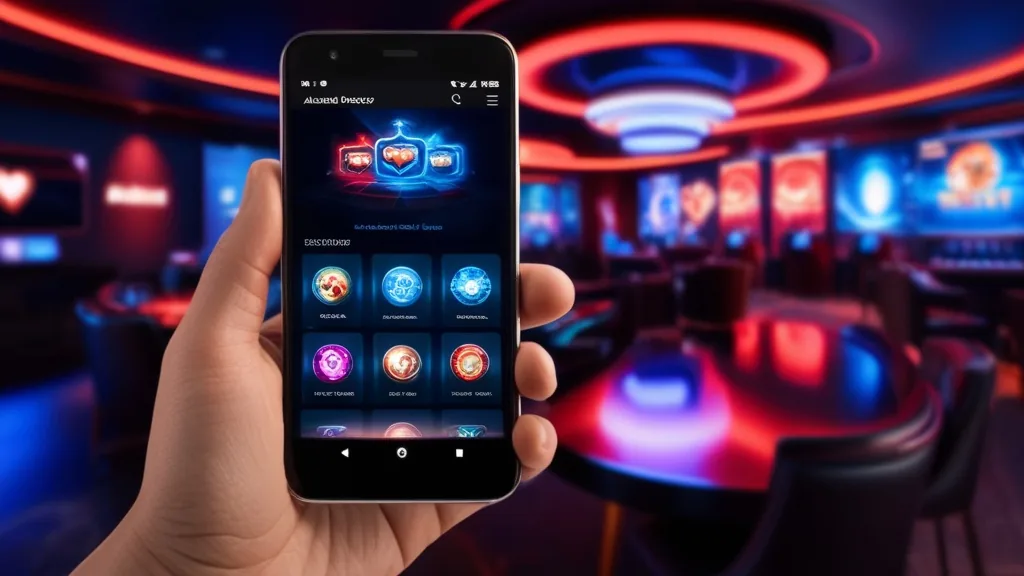 Android phone showing a casino mobile lobby in a dark neon-lit room
