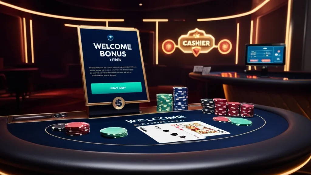 Player reviewing welcome bonus terms beside chips and a cashier screen
